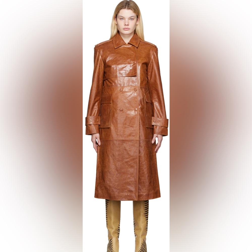 Classic Brown Trench Coat with Smooth Leather Finish